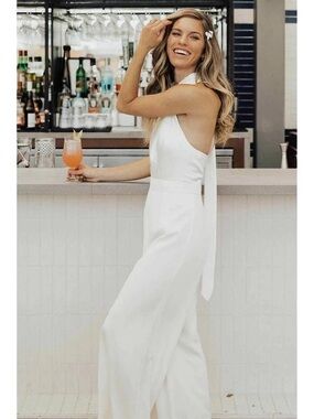Jill Stuart White Halter Wide-Leg Jumpsuit wedding rehearsal dinner